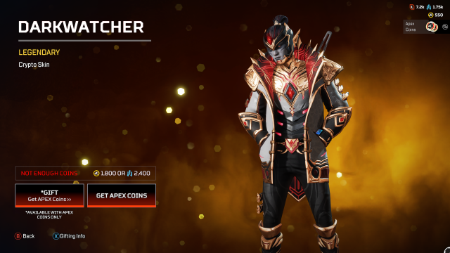 The Darkwatcher Crypto skin, giving Crypto elven features and dark grey skin, red eyes, and a high-collared white, red, and gold coat.