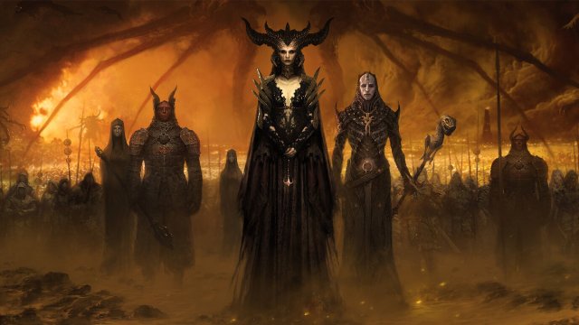 Diablo 4 Antagonists Lilith and Elias stand in front of an army.