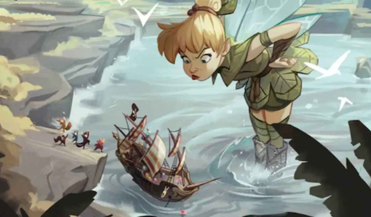 Image of a giant Tinkerbell over sail boat in Dinsey Lorcana The First Chapter TCG set