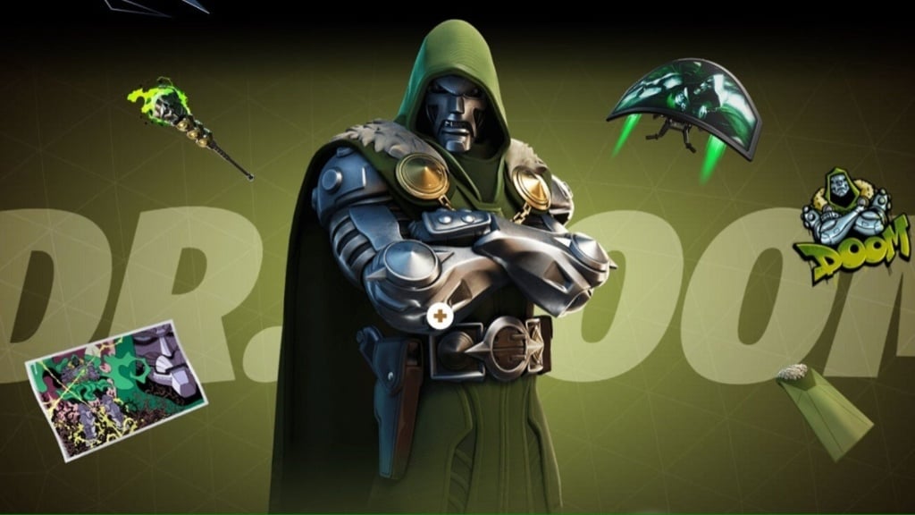 Doctor Doom is centered with his glider and a postcard in the background.
