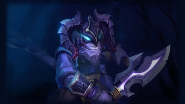 Riki, a small purple assassin, holds a blade as his eyes glow blue in the darkness in Dota 2.