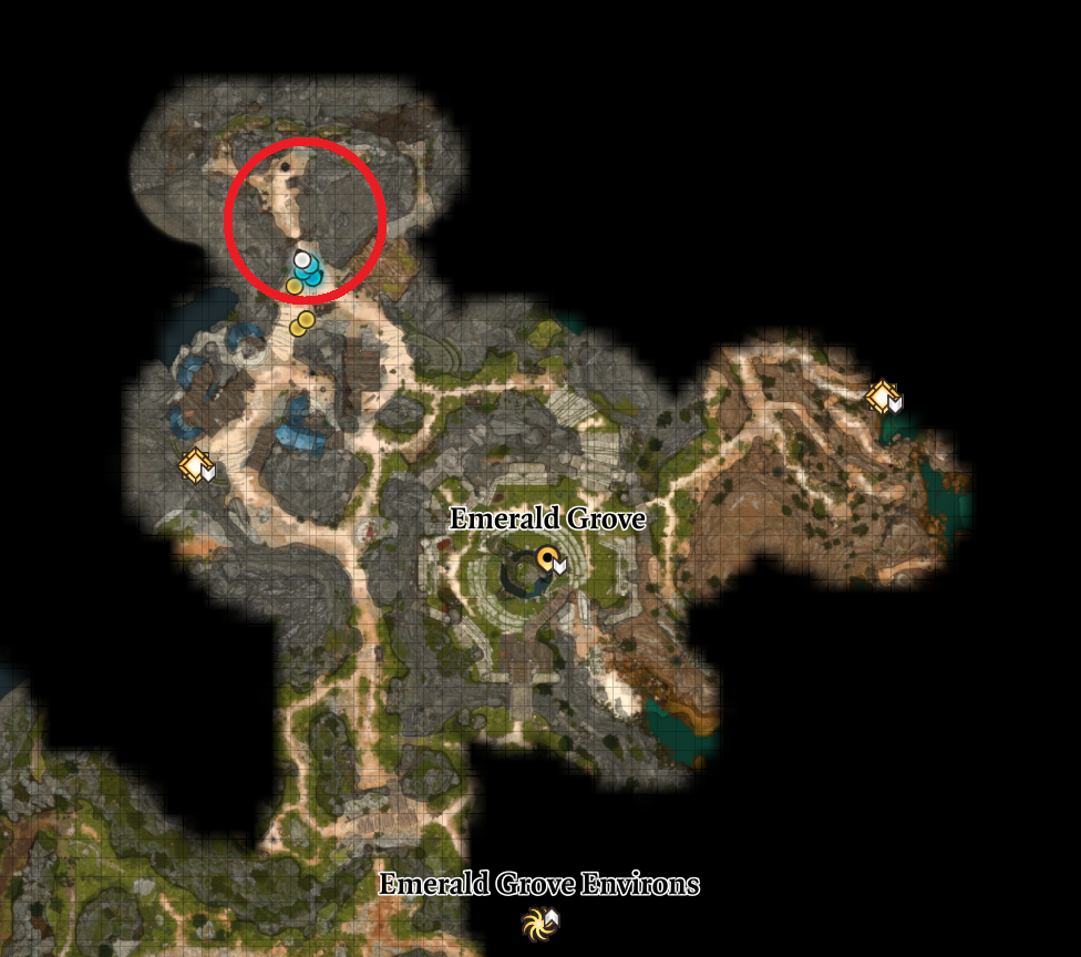 A map of the Hollow in Baldur's Gate 3 with a red circle around Sazza's location.