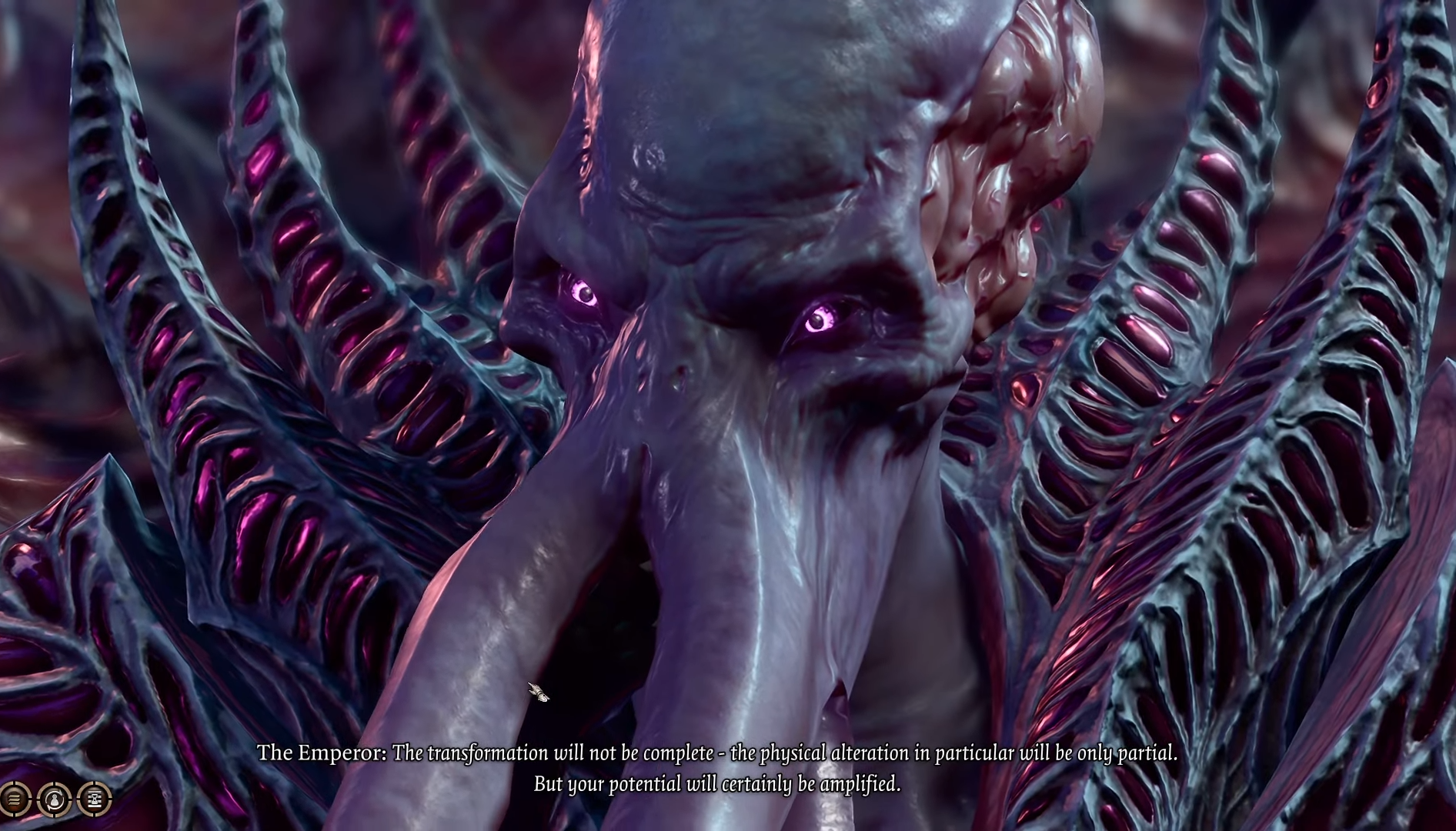 Image of the Mind Flayer known as the Emperor, posing the main character with a life-altering deal.