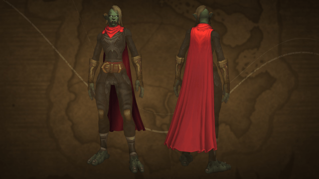 WoW character wearing Ensemble: Wanderer’s Crimson Trappings transmog from the Trading Post