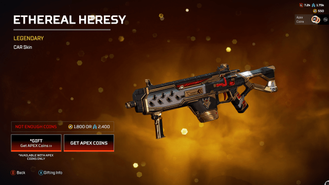 The Ethereal Heresy CAR skin, which adds vents to the CAR's barrel, along with red and gold accents.
