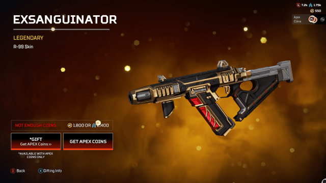 The Exsanguinator R-99 skin, with a triangular magazine and stock. The skin is black, with red and gold accents.