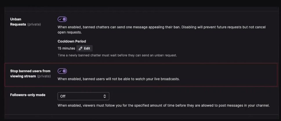 Twitch setting showing the option to 'Stop banned from viewing stream'