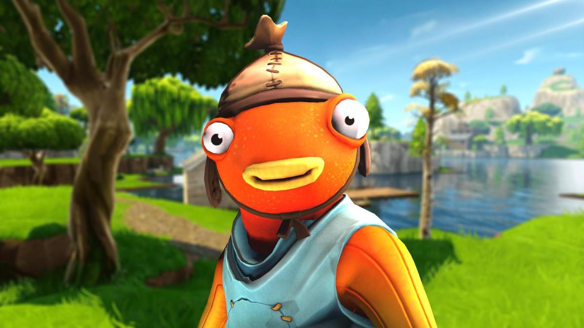 Fortnite's Fishstick skin looking directly at the camera with a tree in the background.