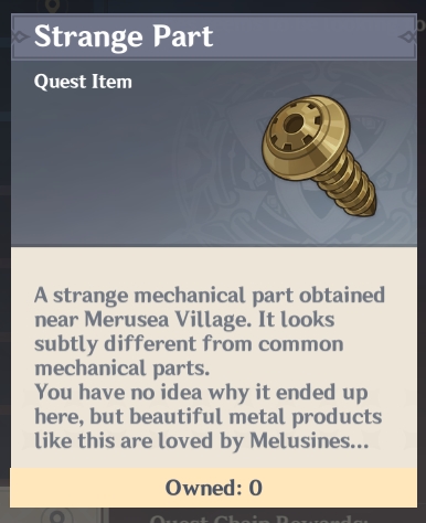 Screenshot showing the description of Strange Part item.