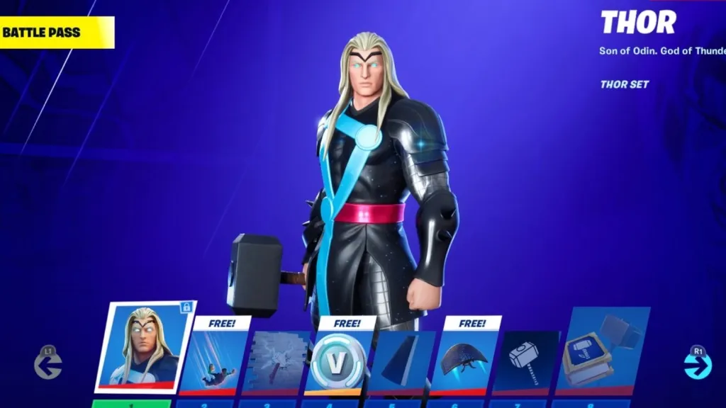 Thor in his black and teal suit with a battlepass shown below him.
