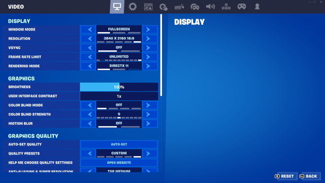 Fortnite video settings in-game menus