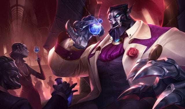 Debonair Galio splash art in League of Legends. He is wearing a white tuxedo, which is hilarious considering he is a big gargoyle with stone skin. Why would he wear a tuxedo?