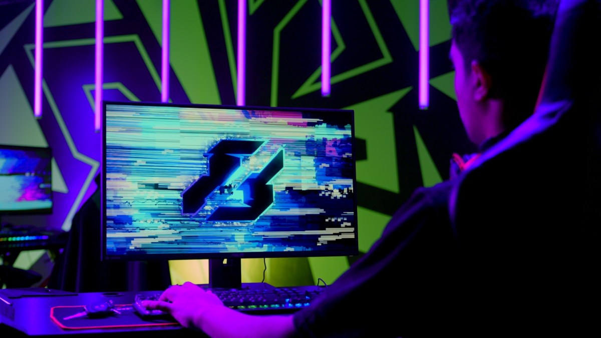 A photo of someone sat at a computer. Their monitor has the Gamers8 logo.