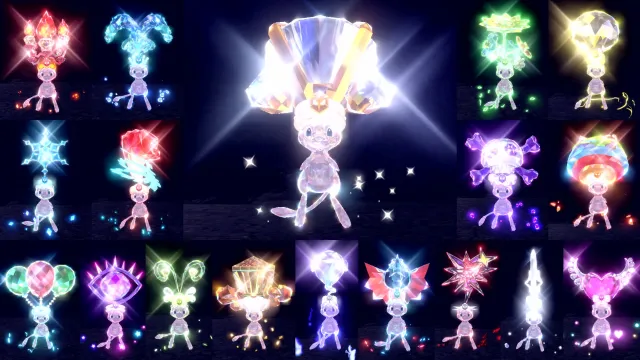 Mew and all of its Tera Type options in Pokémon Scarlet and Violet.