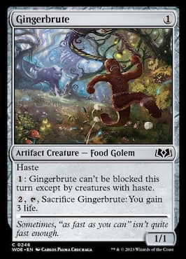 Image of Ginger cookie running from wolf through Gingerbrute WOE MTG card