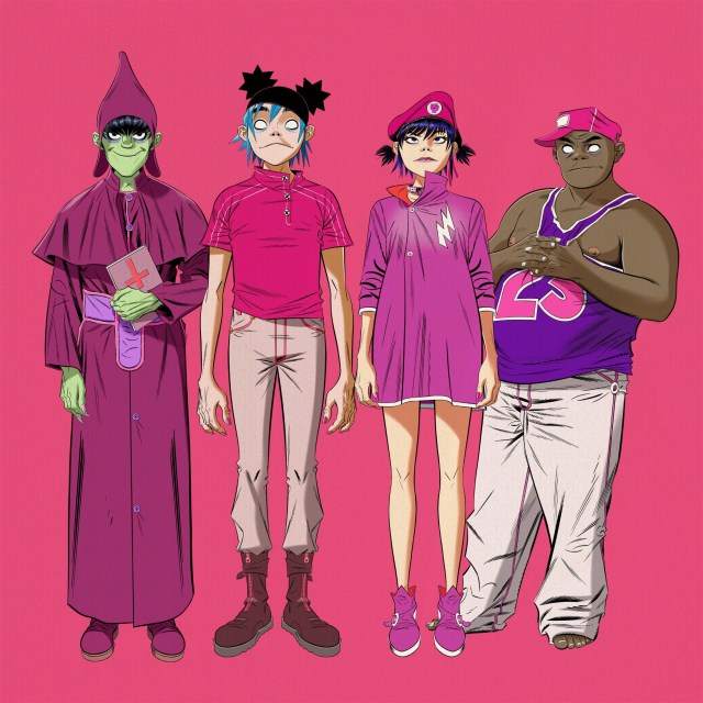Four Gorillaz band members standing next to each other.