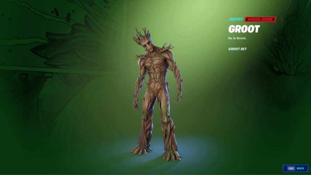 Groot stands in the center tilting his head