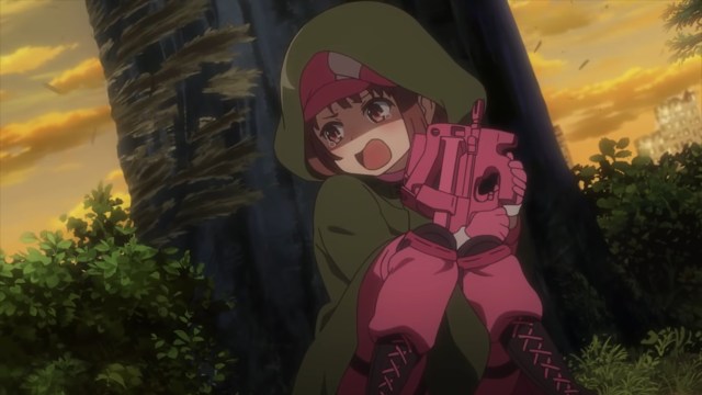 LLENN from Gun Gale Online hugging her pink P90 and hiding from enemy bullets
