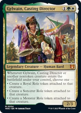 Image of bard showcasing items through Gylwain, Casting Director in Wilds of Eldraine Virtue and Valor Commander Precon deck