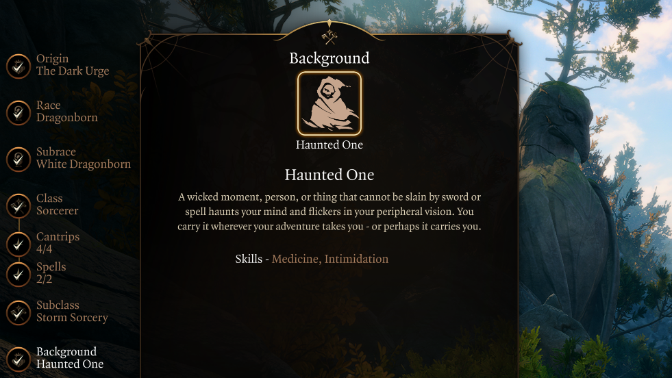 Screenshot displaying the Haunted One background description in the character creation menu of Baldur's Gate 3. 