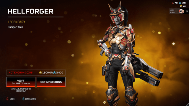 The Hellforger Rampart, a black, red, and gold skin that gives Rampart a gold and red helmet with partial face mask.