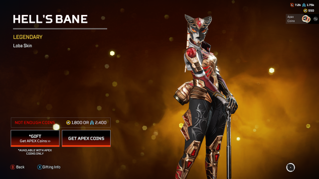 Hell's Bane Loba skin, which transforms her into an alien-like being with flattened nose, slanted eyes, and ashen skin along with gold and red highlights.