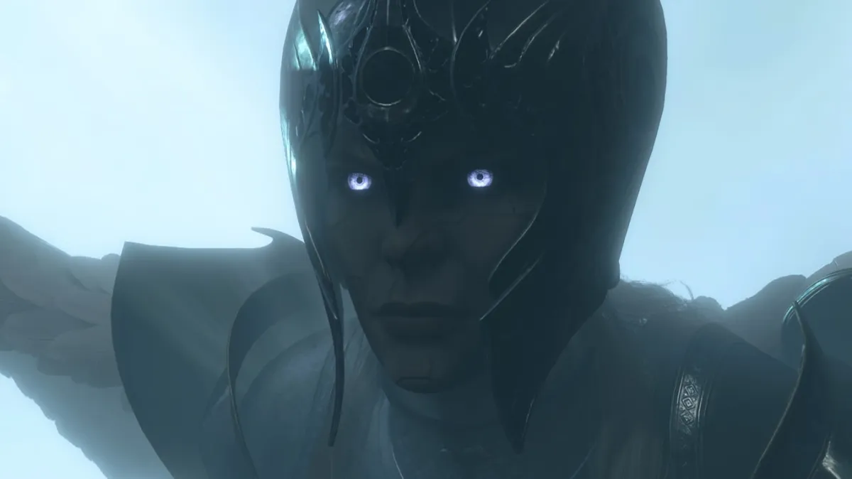 A close-up view of the Nightsong's face in Baldur's Gate 3 as she flies.