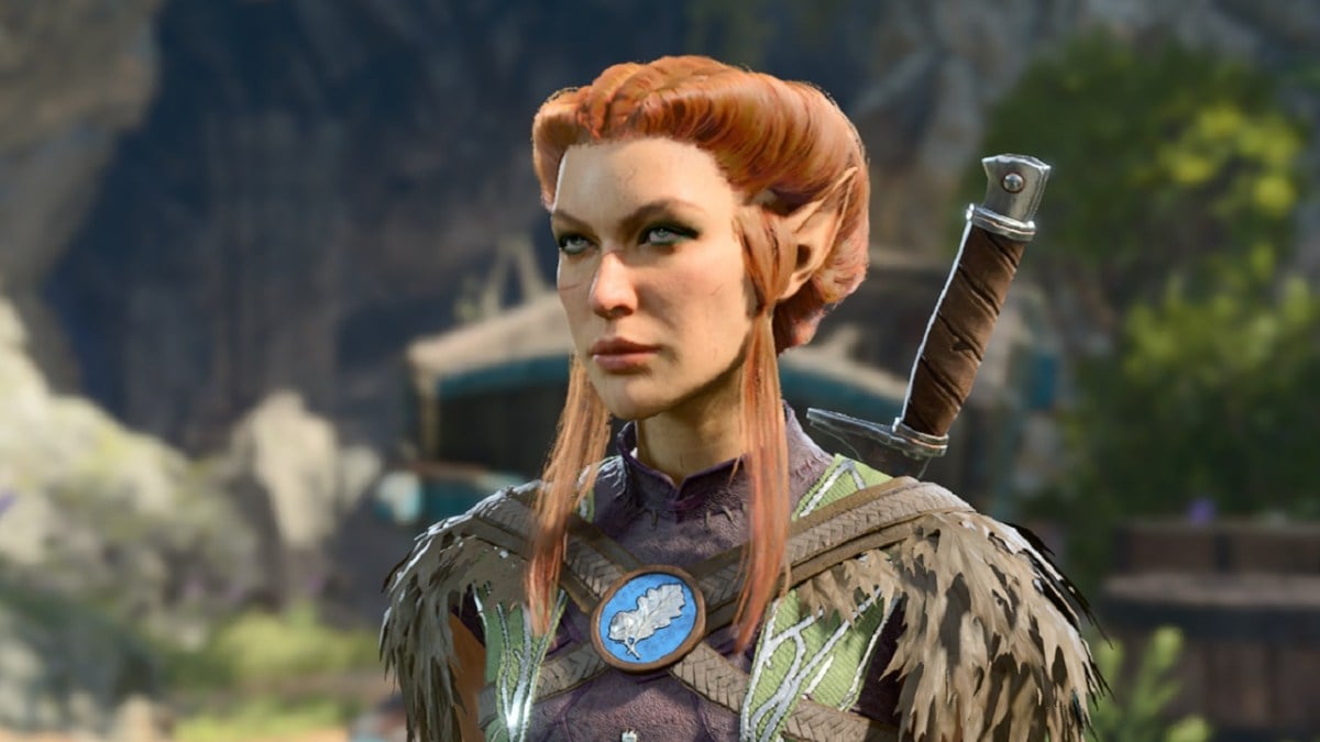 There is a druid character with red hair staring to the side. She has a piece of clothing with a large leaf insignia.