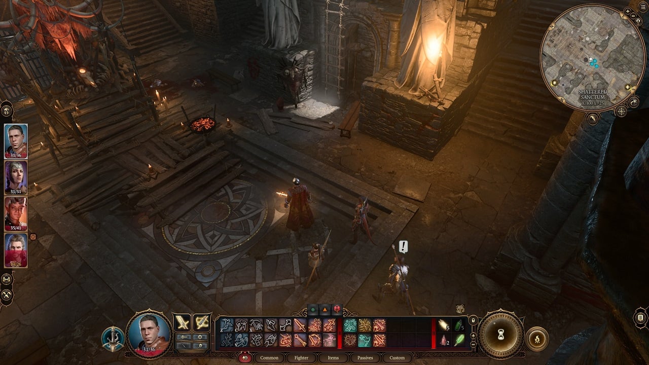 There is a group of adventurers in the center standing together. The floor below them has a star-shape design on it, with wooden planks and statues placed around. There are stairs and a ladder that lead to other areas above.