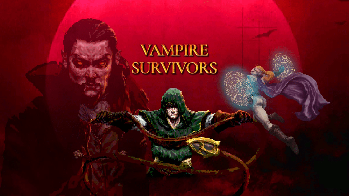 A promotional image for Vampire Survivors, showing three characters against a red background. The title spreads across the middle of the screen.