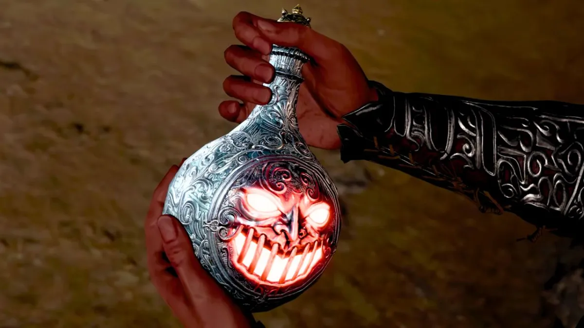 Two hands holding a flask with an evil glowing face in BG3