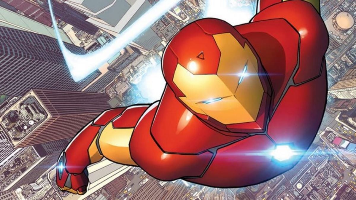 Iron Man, a yellow and red figure, taking flight in the Marvel comics.