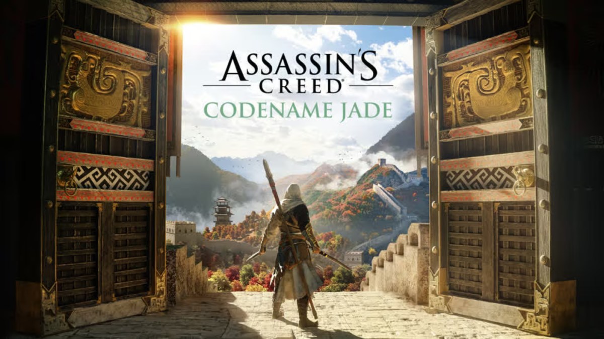 Promotional art for Assassin's Creed Jade showing a character looking out from a big doorway.
