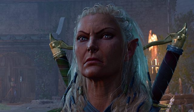 A screenshot of Jaheria in Baldur's Gate 3, who has white hair and twin blades.
