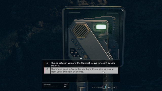 Image of the Starfield player standing in front of a voice box, conversing with the bank robber leader inside.