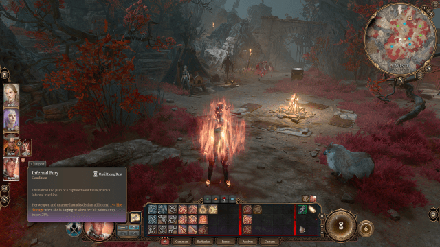 Karlach engulfed in flames with the Infernal Fury buff after using a Soul Coin.