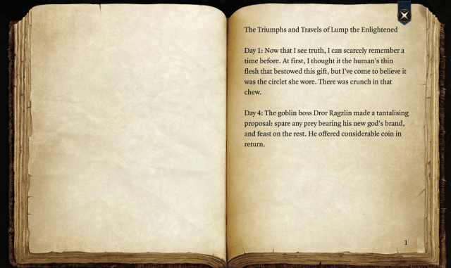 Image displays the text in the item "Lump's Diary," which explains that he has realized his intelligence came from consuming a Headband of Intellect.