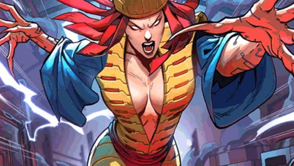 Lady Deathstrike in Marvel Snap pounces forward, red hair flowing behind her.