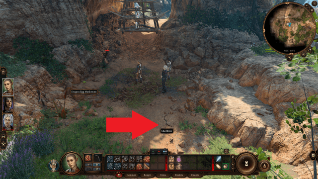 A red arrow points to a bow lowing on the ground nearby Lae'Zel's cage.