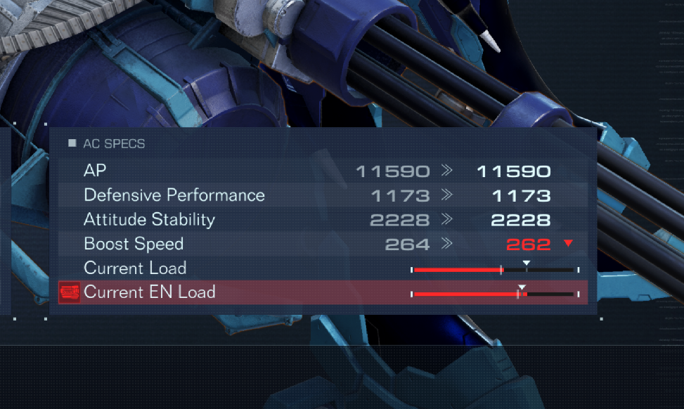 A screenshot of a mech's stats in the Garage