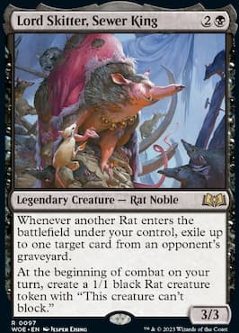 Image of large rat ruling over smaller rats through MTG Lord Skitter, Sewer King Wilds of Eldraine set