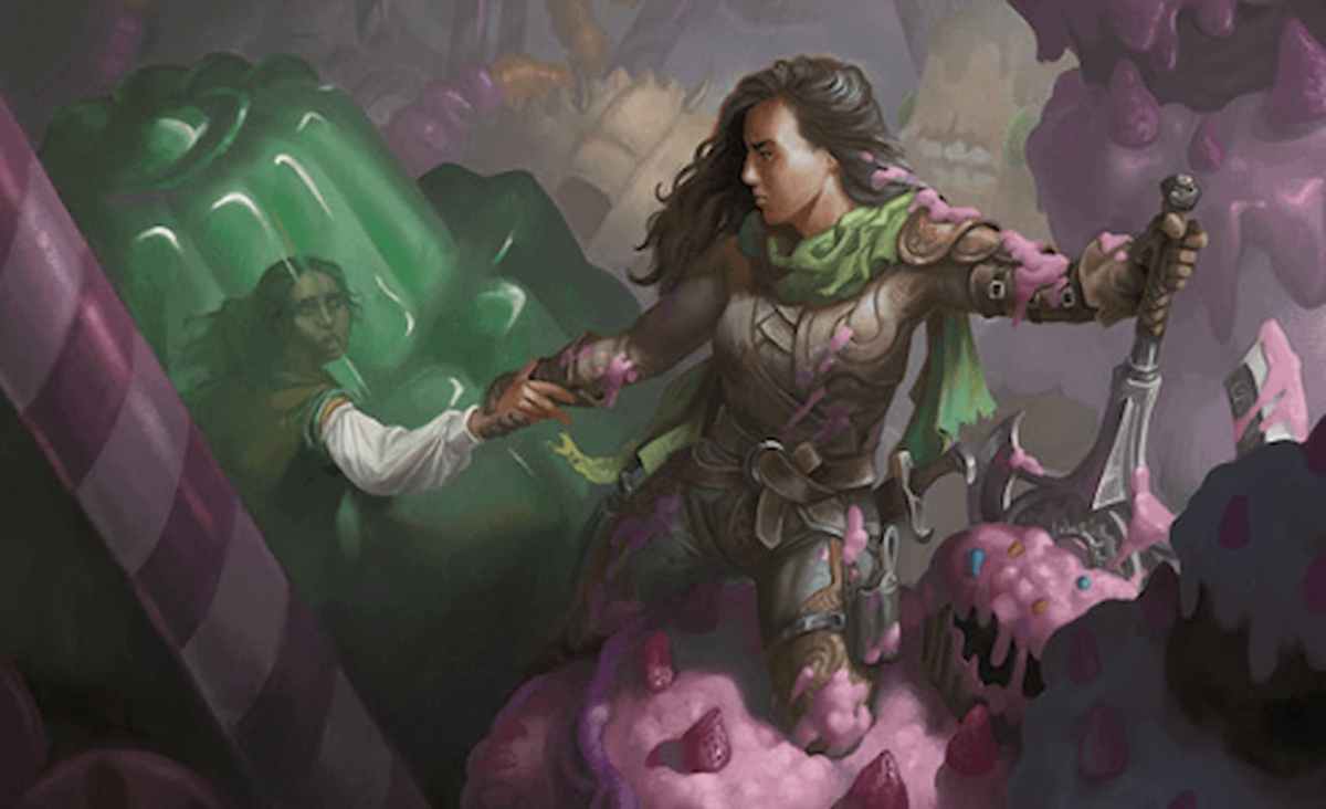 Image of woman soldier pulling another from an enemy candy through Back to Seconds Wilds of Eldraine MTG card