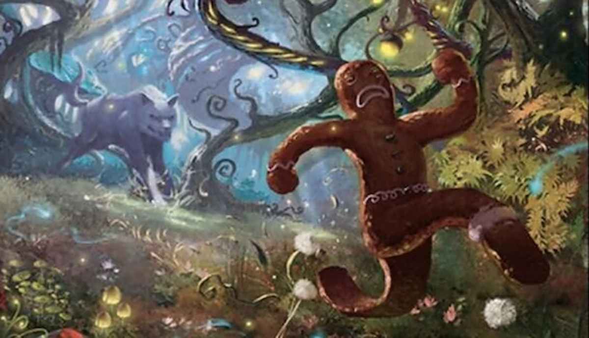 Image of Ginger cookie running from wolf through Gingerbrute WOE MTG card