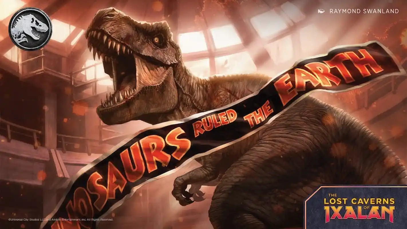 Imagen de Dinosaur con Jurassic World Banner en MTG Set Lost Caverns of Ixalan