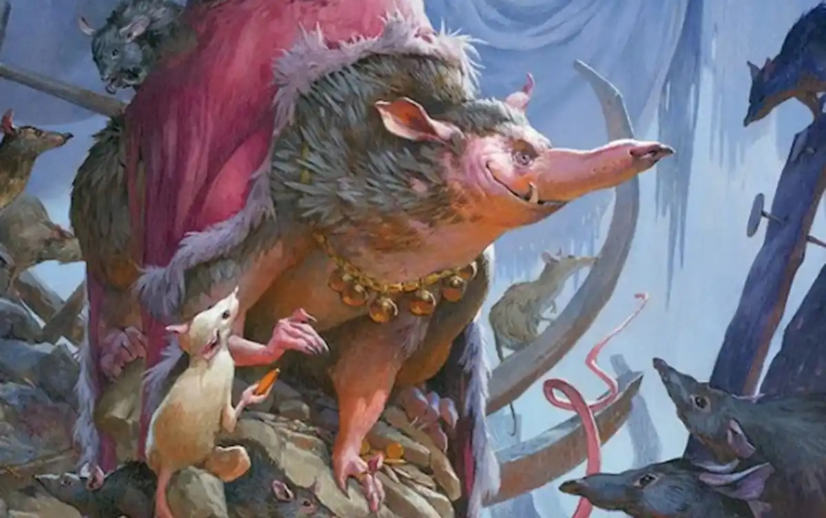 Image of large rat ruling over smaller rats through MTG Lord Skitter, Sewer King Wilds of Eldraine set