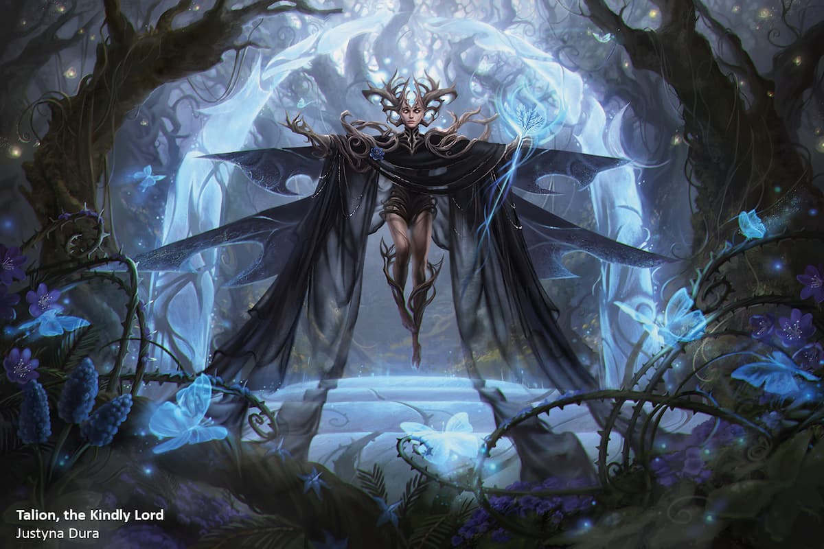 Image of sorcerer in woods through Talion, the Kindly Lord WOE MTG card