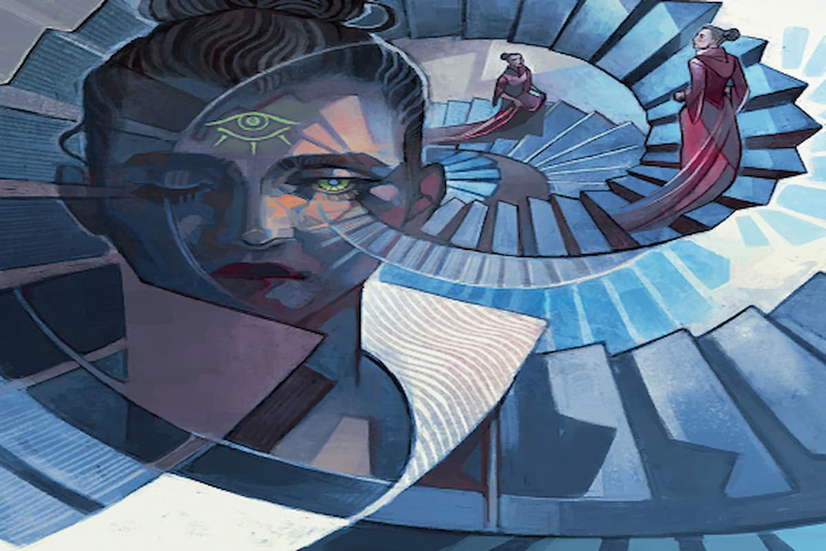 Image of stairs and mind eye through Mind's Desire MTG card in Legacy format
