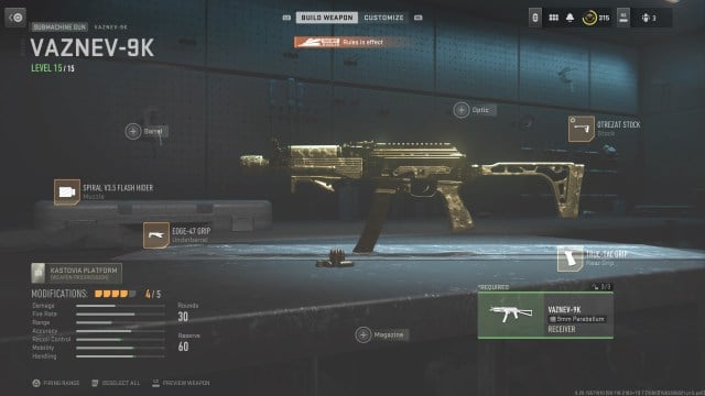 A picture of the Vaznev submachine gun in the loadout menu of MW2.