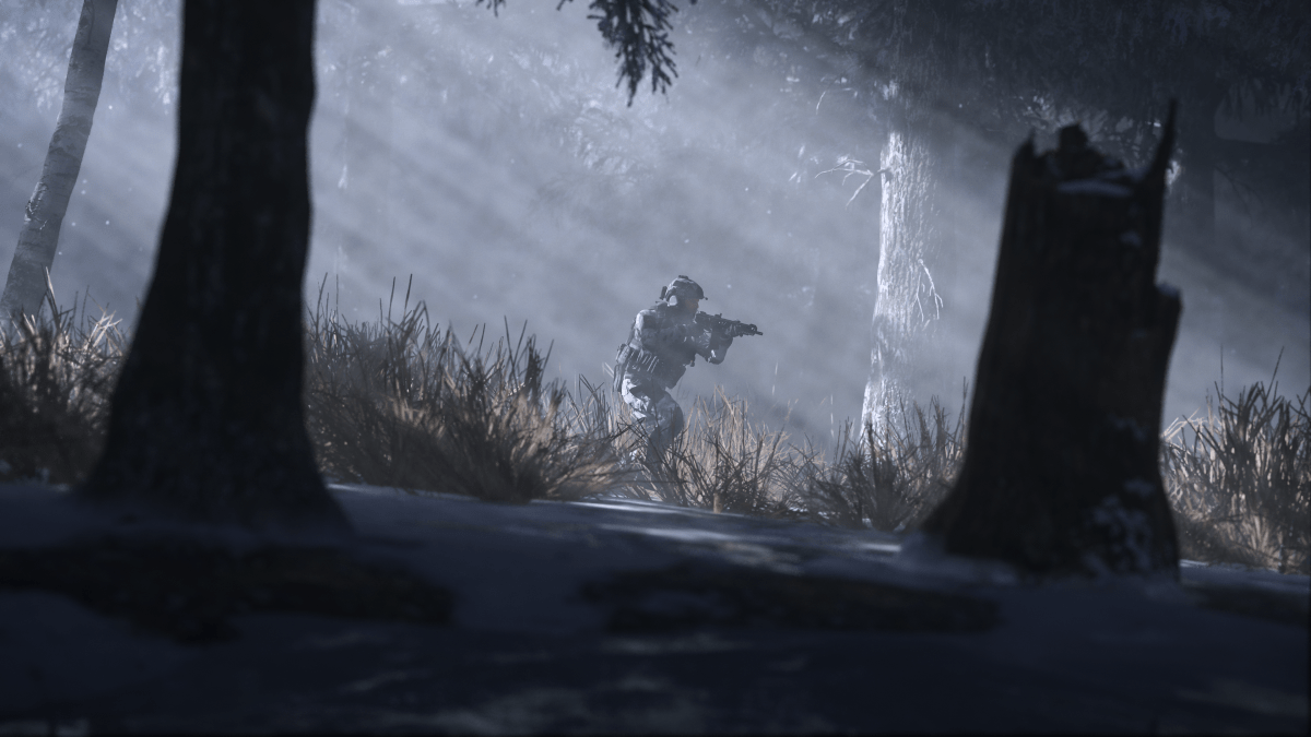 A CoD soldier aiming down sights in the woods.