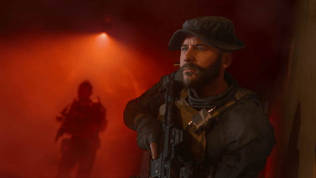 Captain Price from CoD with a red light in the background.